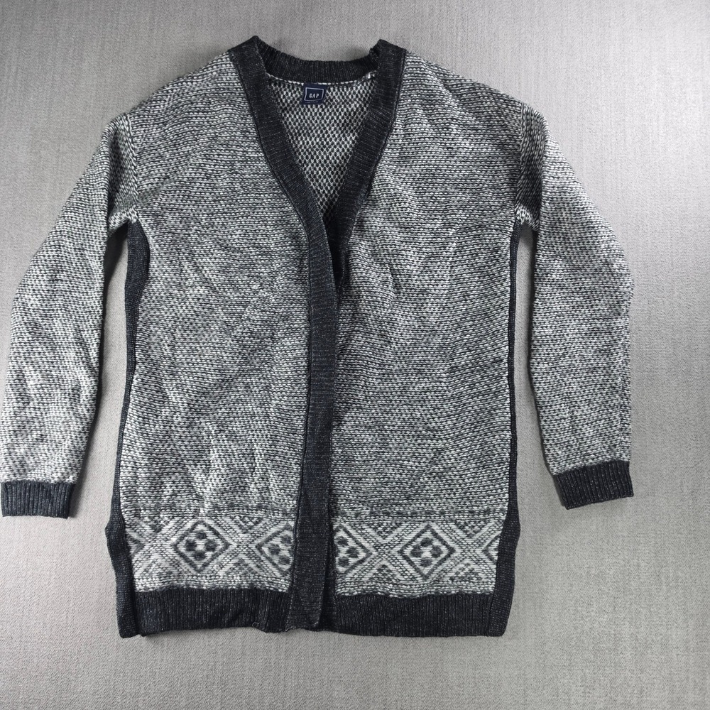 Gap Cardigan Sweater Women XS Gray Fair Isle Wool Blend Open Front Longline